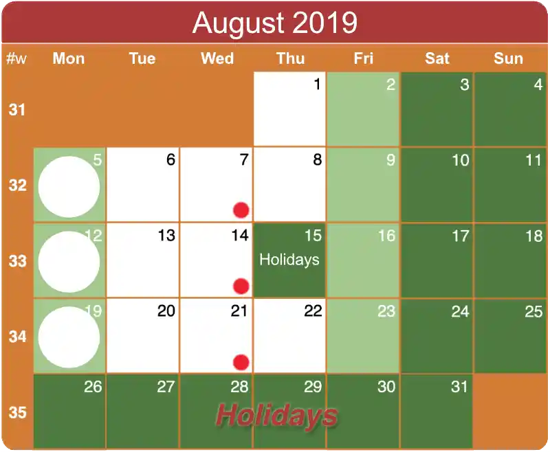 August : open on Mondays - Calendrier 1908 en Calendrier 1908 en